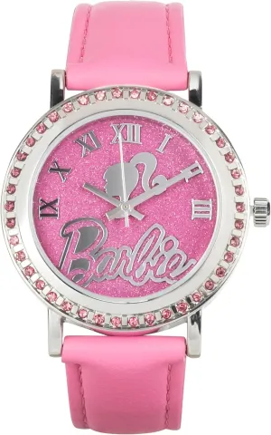 Accutime Barbie Glitter Analog Watch for Girls with Pink Strap and Silver Bezel Featuring Barbie Logo and Silhouette Art, Roman Numeral Markers, Box Included, Fits Wrists 5.5"-8"