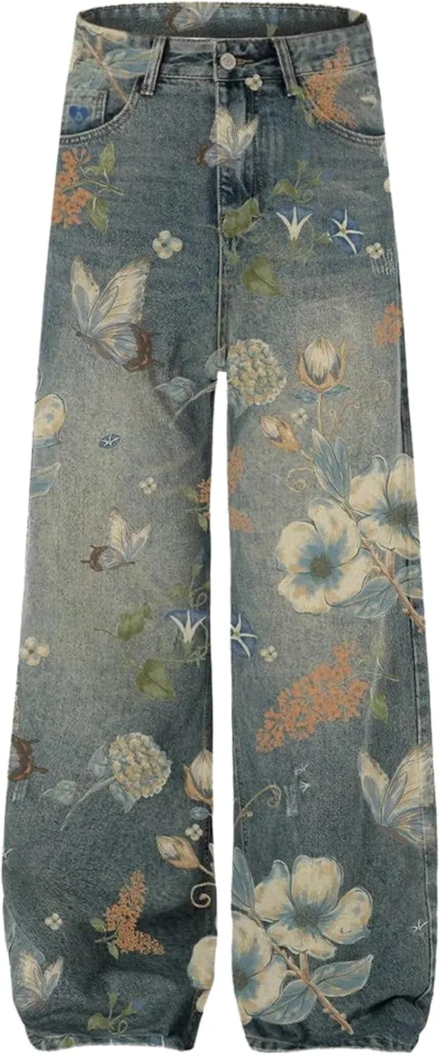 Aelfric Eden Plant Flower Print Baggy Jeans Men Harajuku Wide Leg Jeans Y2k Hip Hop Boyfriend Denim Pants