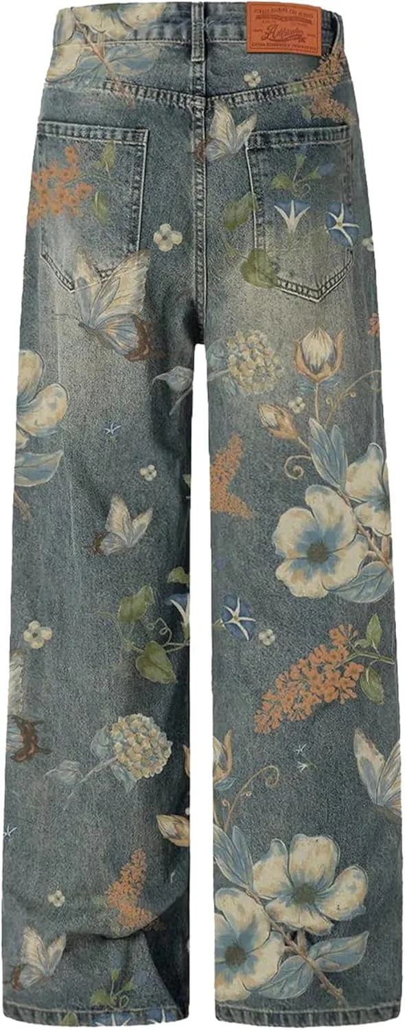 Aelfric Eden Plant Flower Print Baggy Jeans Men Harajuku Wide Leg Jeans Y2k Hip Hop Boyfriend Denim Pants