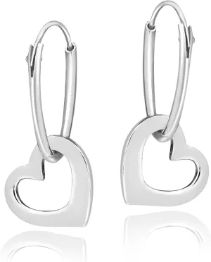 AeraVida .925 Sterling Silver Heart Hoop Dangle Earrings | Romantic Lightweight Jewelry with Polished Finish | Minimalist Tiny Heart Drop Hoops for Daily Wear or Gifting