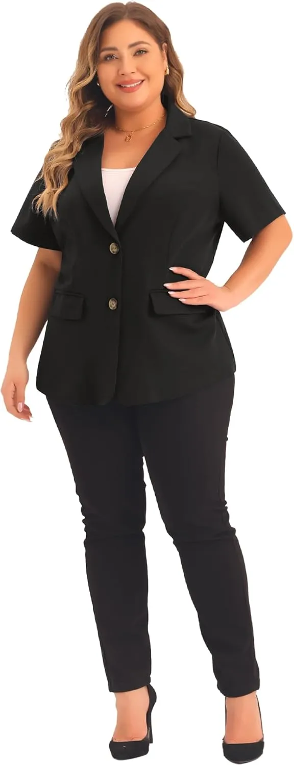 Agnes Orinda Plus Size Casual Blazers for Women Short Sleeve Notched Lapel Button Work Office Blazer Suit Jacket