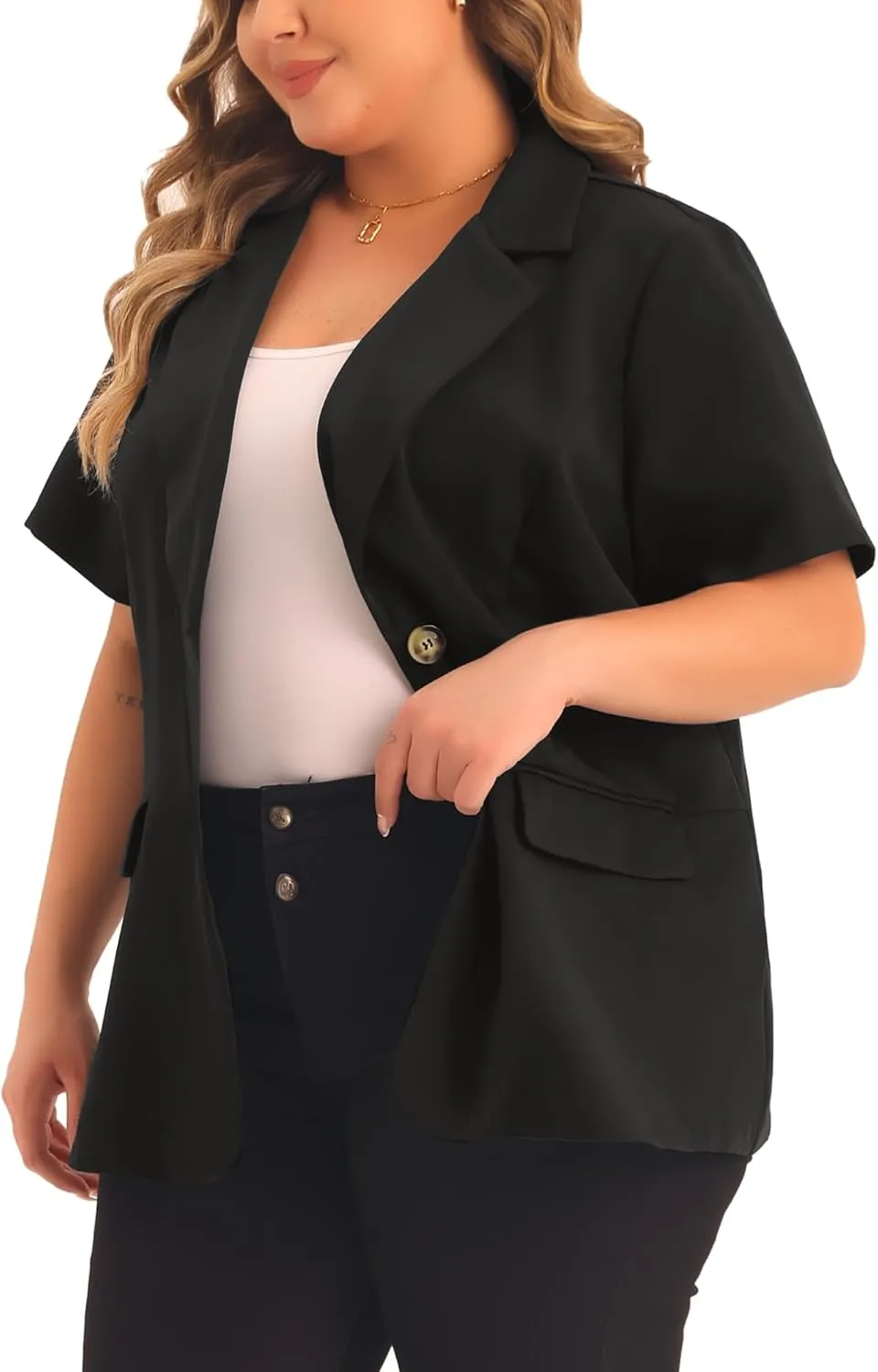 Agnes Orinda Plus Size Casual Blazers for Women Short Sleeve Notched Lapel Button Work Office Blazer Suit Jacket