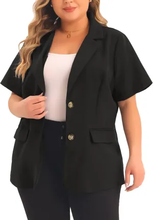 Agnes Orinda Plus Size Casual Blazers for Women Short Sleeve Notched Lapel Button Work Office Blazer Suit Jacket