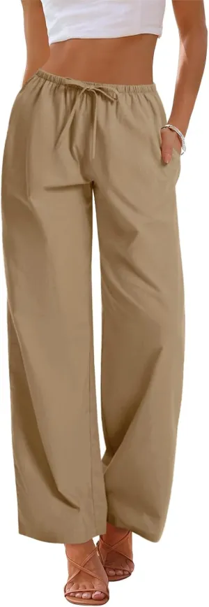 AKEWEI Women Cotton Linen Summer Palazzo Pants Drawstring Waist Wide Leg Lightweight Beach Trousers with Pockets