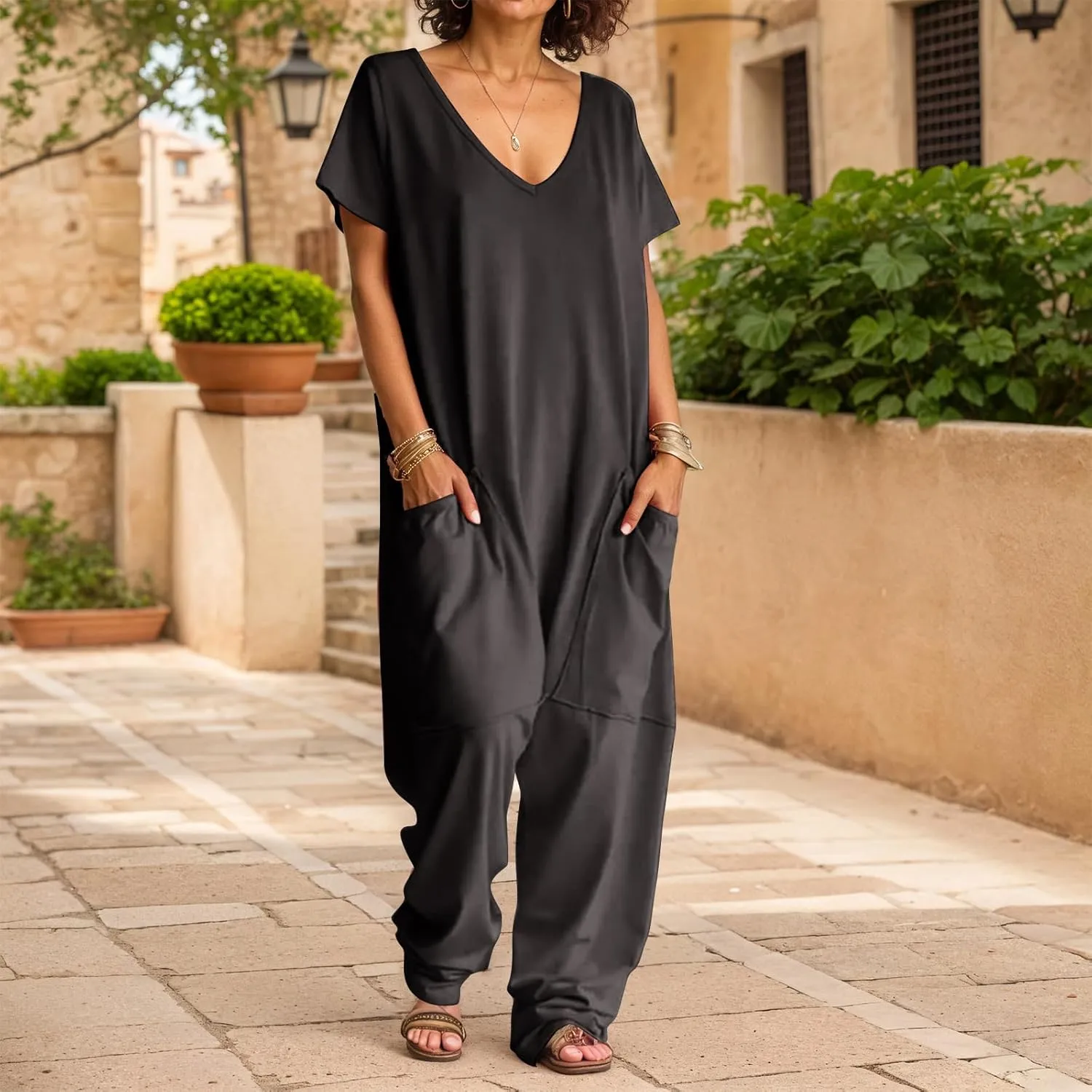 Akivide Women's Casual Loose One Piece Jumpsuits Summer Outfits Wide Leg Harem Pants Romper Overalls with Pockets