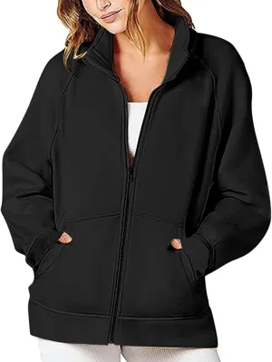 Akklian Women's Full Zip Up Jackets No Hood Long Sleeve Loose Fit Sweatshirts Solid Fashion Casual Cardigan Tops with Pockets