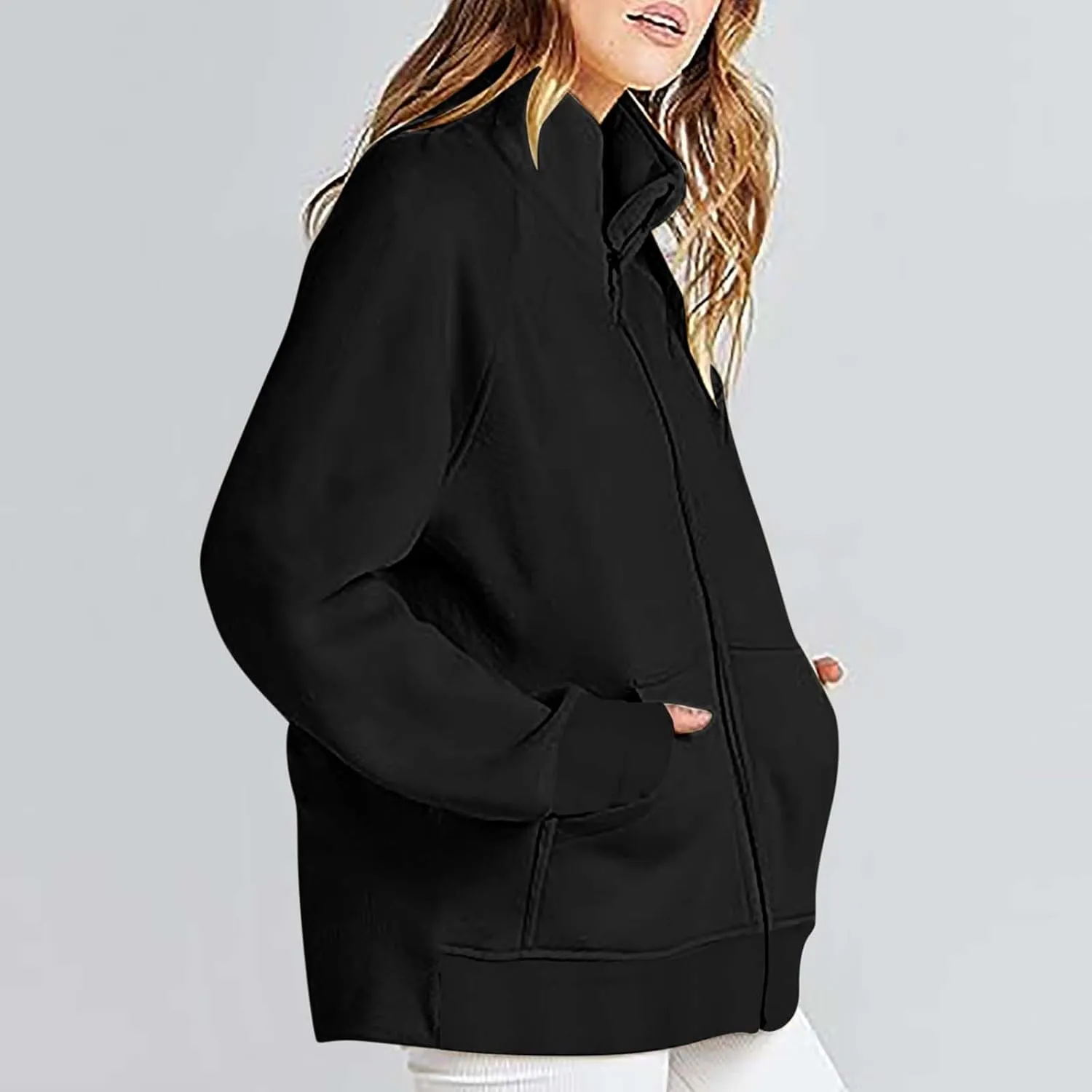 Akklian Women's Full Zip Up Jackets No Hood Long Sleeve Loose Fit Sweatshirts Solid Fashion Casual Cardigan Tops with Pockets