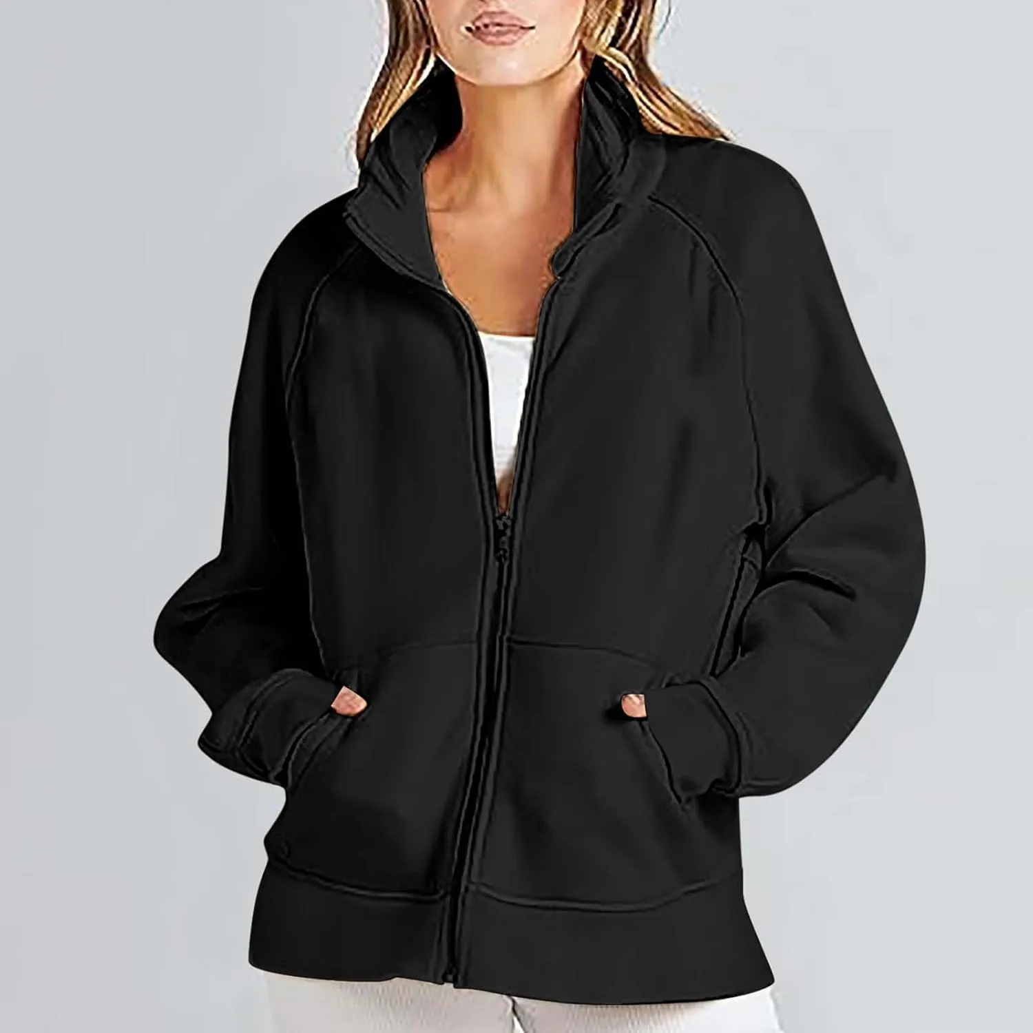 Akklian Women's Full Zip Up Jackets No Hood Long Sleeve Loose Fit Sweatshirts Solid Fashion Casual Cardigan Tops with Pockets