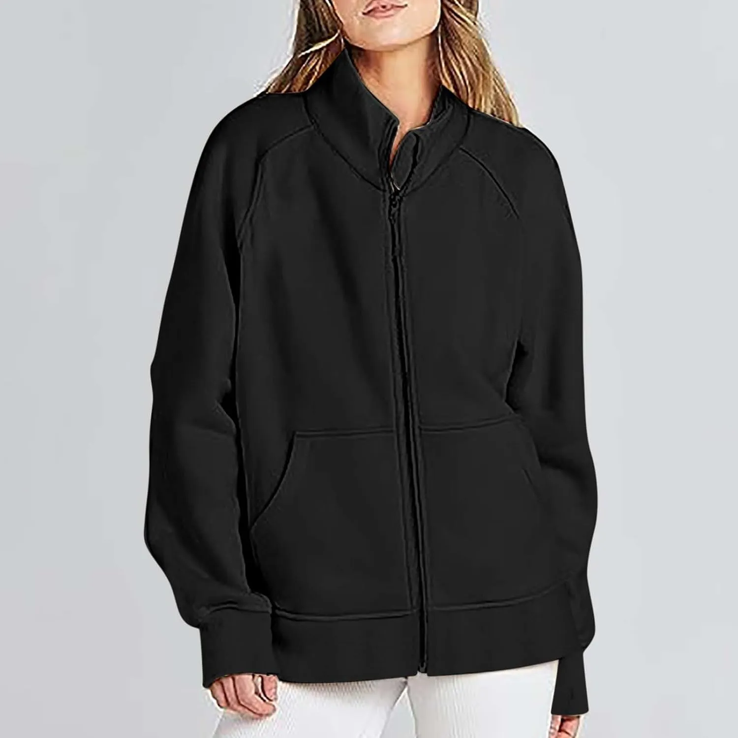 Akklian Women's Full Zip Up Jackets No Hood Long Sleeve Loose Fit Sweatshirts Solid Fashion Casual Cardigan Tops with Pockets