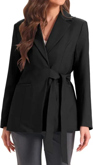 Allegra K Casual Belted Blazer for Women's Lapel Long Sleeve Work Office Wrap Blazer Jackets