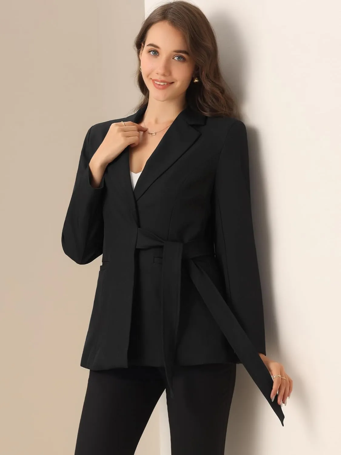 Allegra K Casual Belted Blazer for Women's Lapel Long Sleeve Work Office Wrap Blazer Jackets