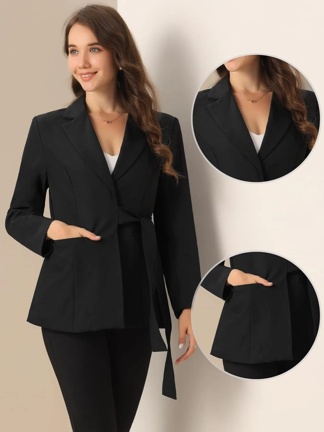 Allegra K Casual Belted Blazer for Women's Lapel Long Sleeve Work Office Wrap Blazer Jackets