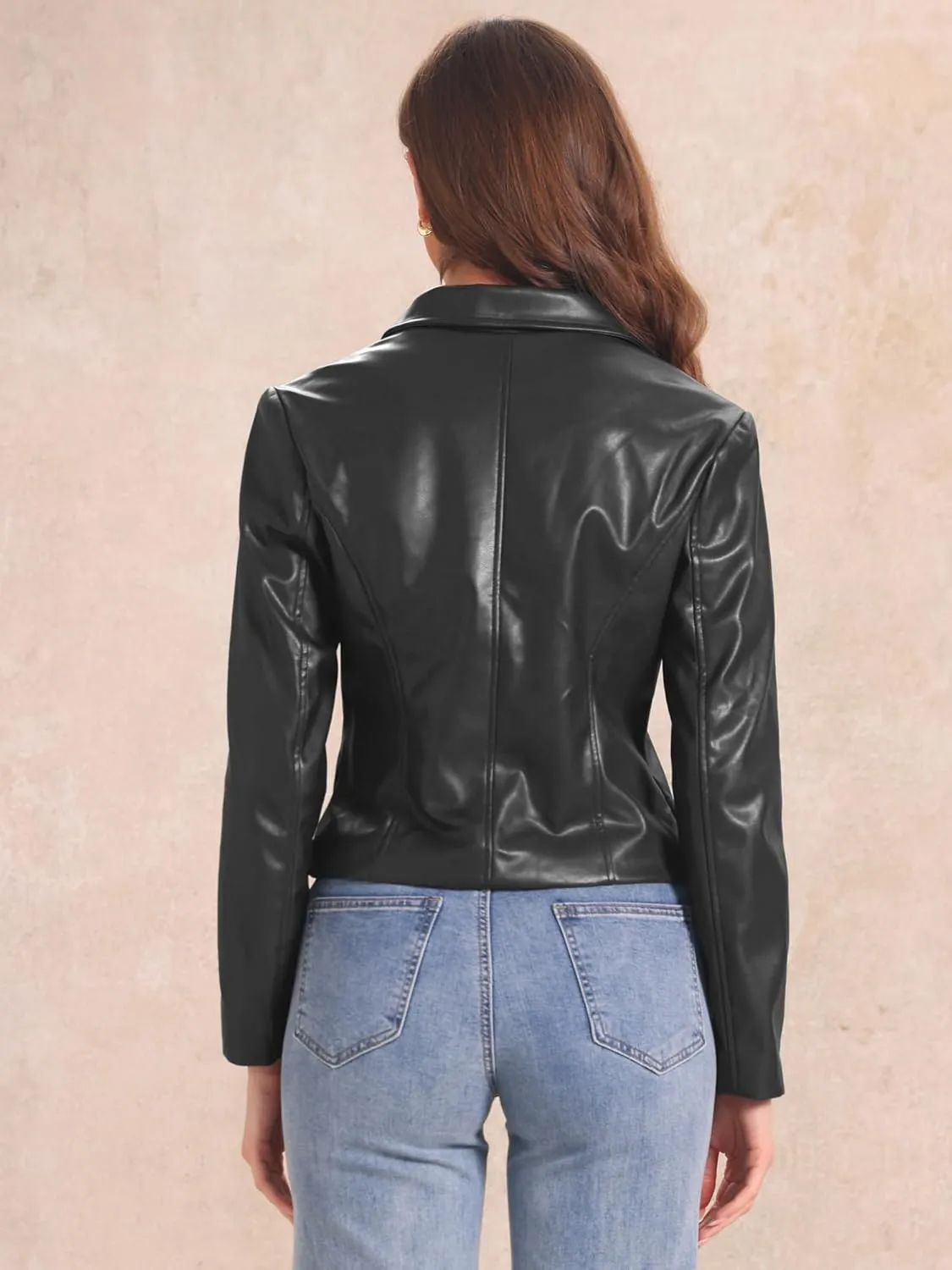 Allegra K Faux Leather Jacket for Women's Motorcycle Moto Biker Coat Casual Cropped PU Leather Jackets