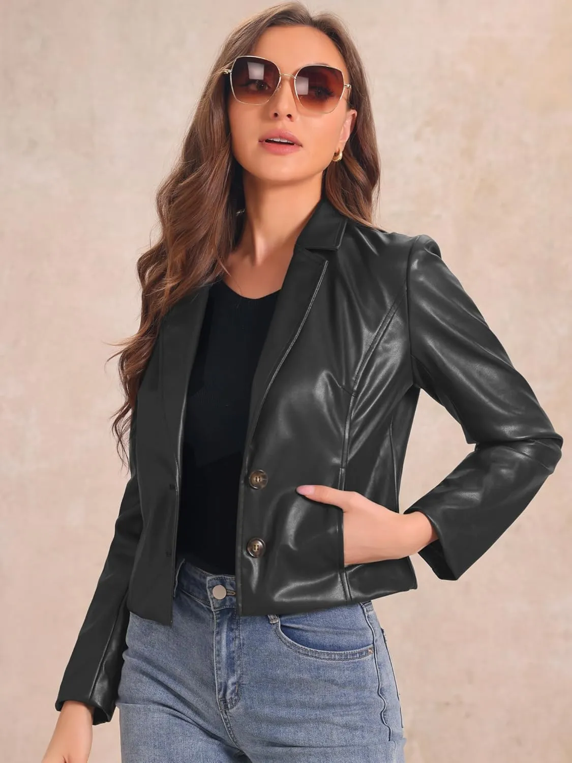 Allegra K Faux Leather Jacket for Women's Motorcycle Moto Biker Coat Casual Cropped PU Leather Jackets