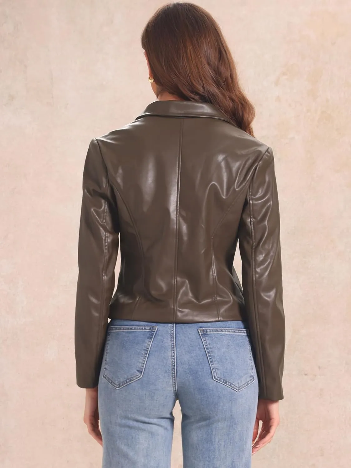 Allegra K Faux Leather Jacket for Women's Motorcycle Moto Biker Coat Casual Cropped PU Leather Jackets