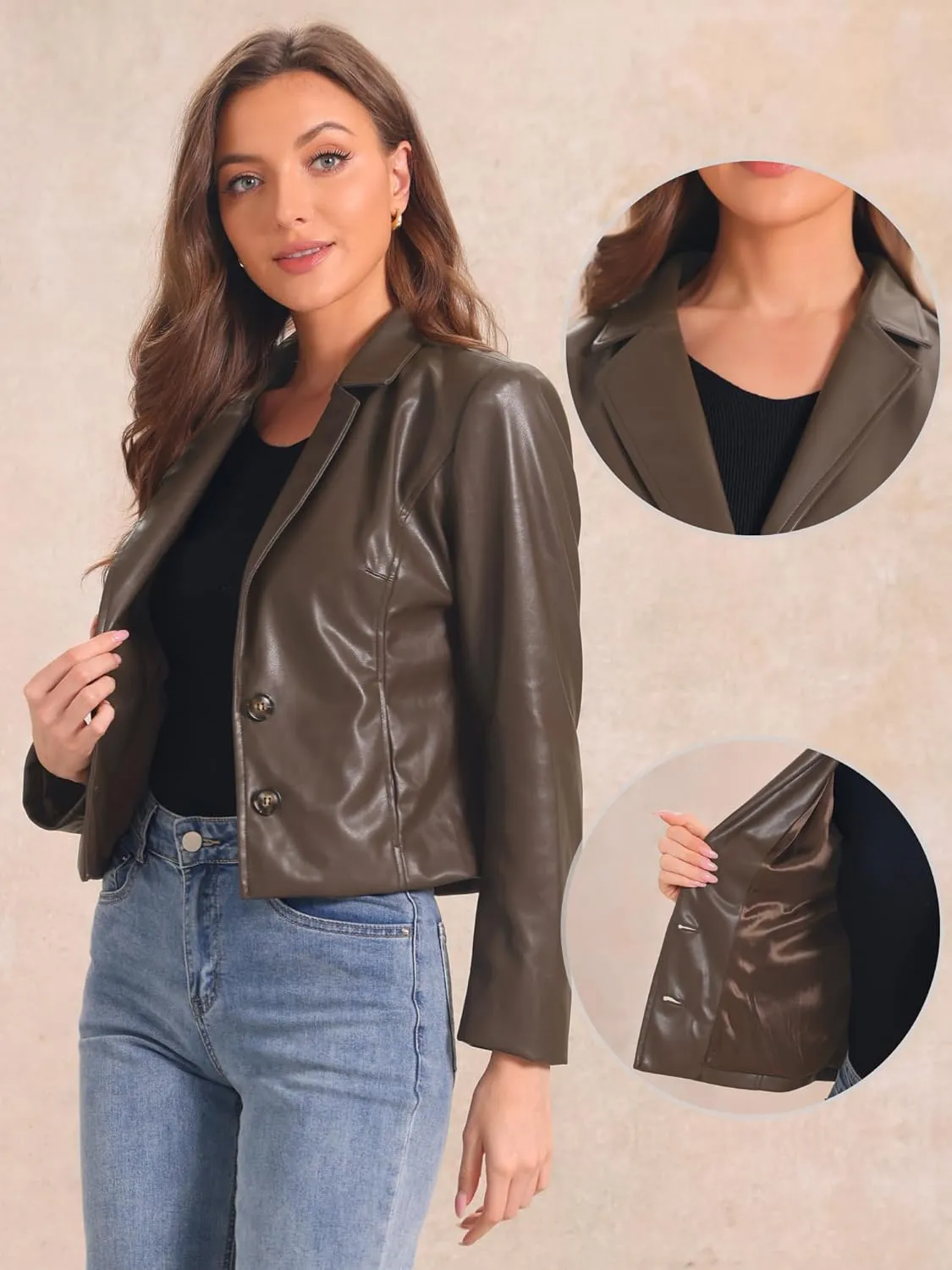 Allegra K Faux Leather Jacket for Women's Motorcycle Moto Biker Coat Casual Cropped PU Leather Jackets