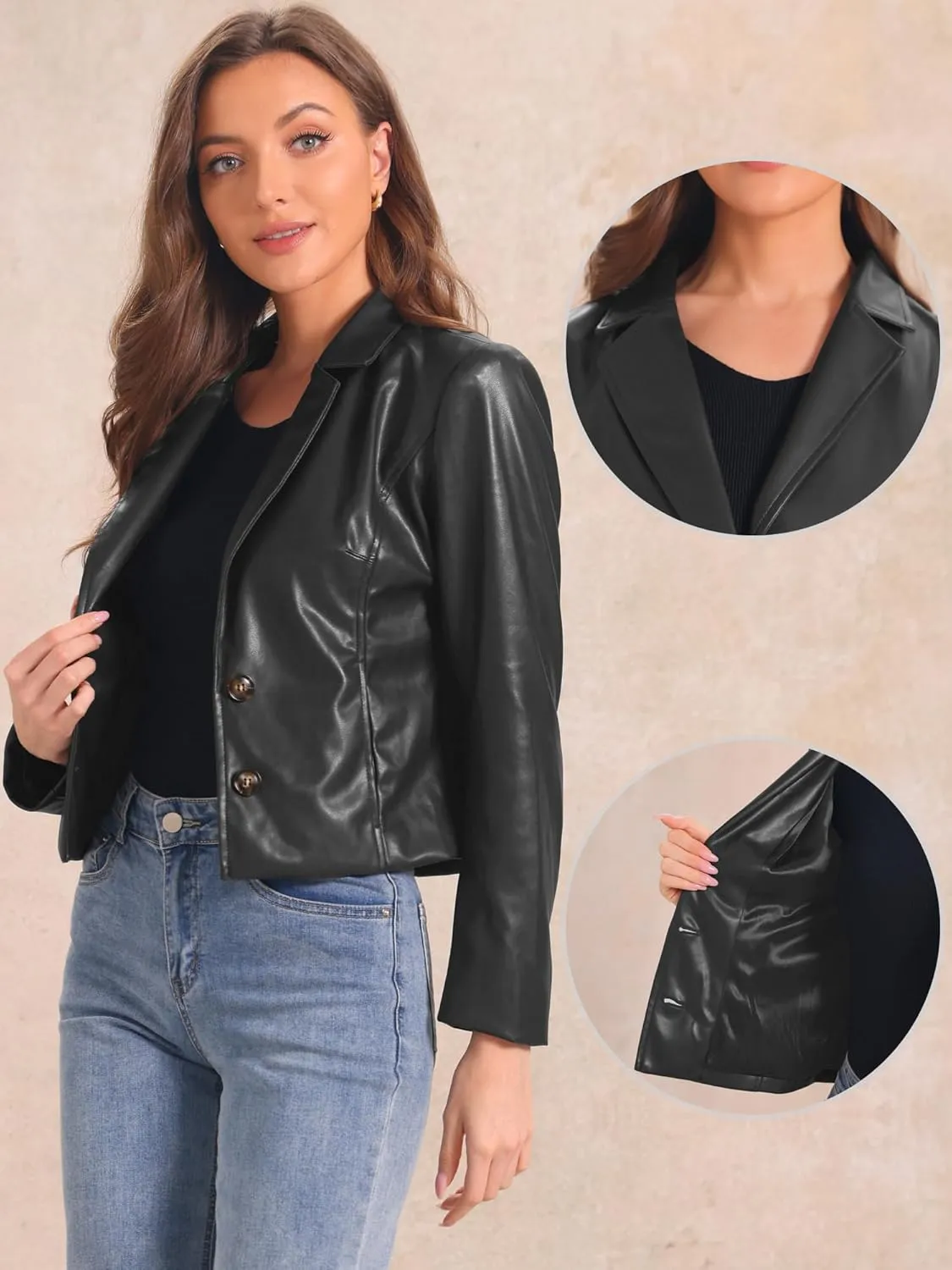 Allegra K Faux Leather Jacket for Women's Motorcycle Moto Biker Coat Casual Cropped PU Leather Jackets
