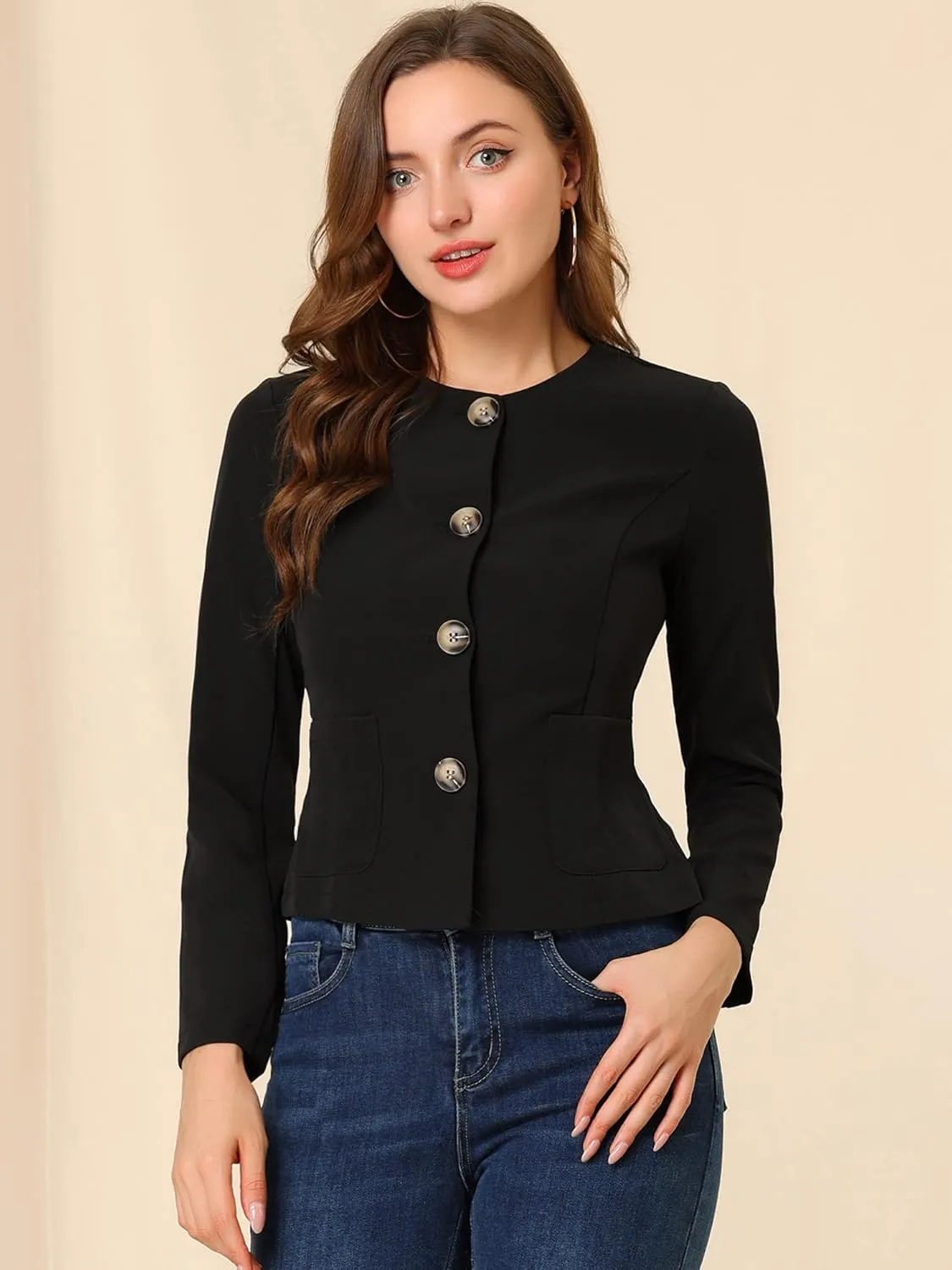 Allegra K Women's Blazers Casual Jackets Long Sleeve Button Down Cropped Blazer Work Office Business Jacket