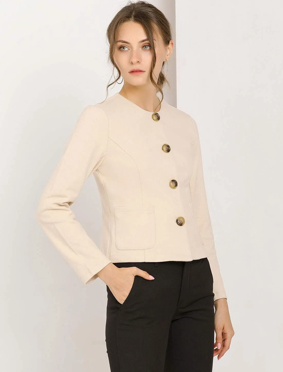 Allegra K Women's Blazers Casual Jackets Long Sleeve Button Down Cropped Blazer Work Office Business Jacket