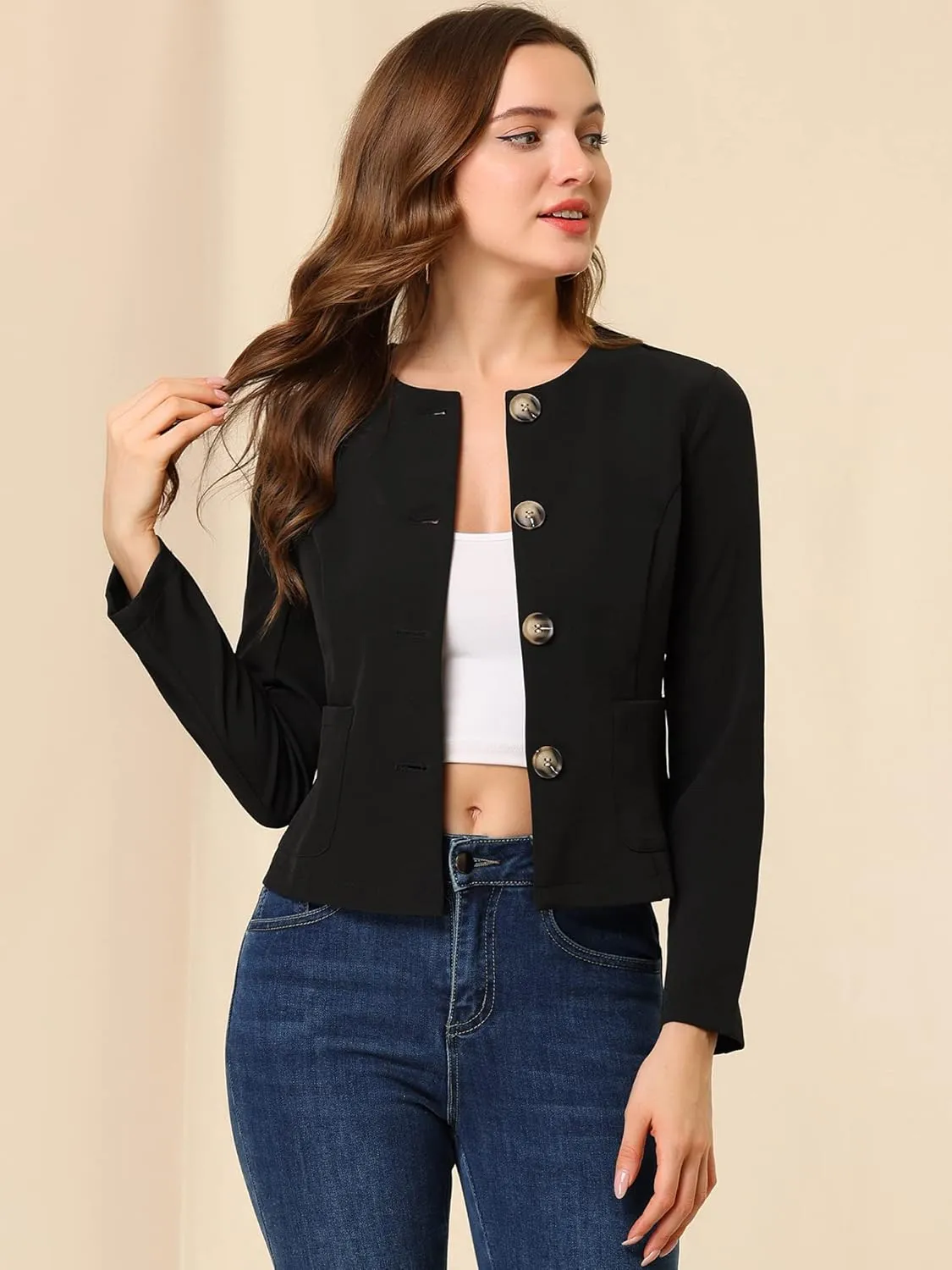Allegra K Women's Blazers Casual Jackets Long Sleeve Button Down Cropped Blazer Work Office Business Jacket