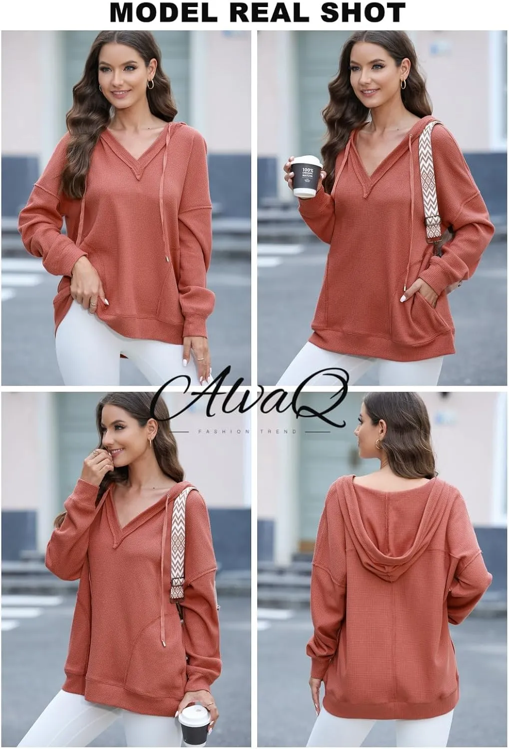 AlvaQ Women Hoodies Oversized Sweatshirts Casual Long Sleeve V Neck Drawstring Waffle Knit Tops Fashion Outfits