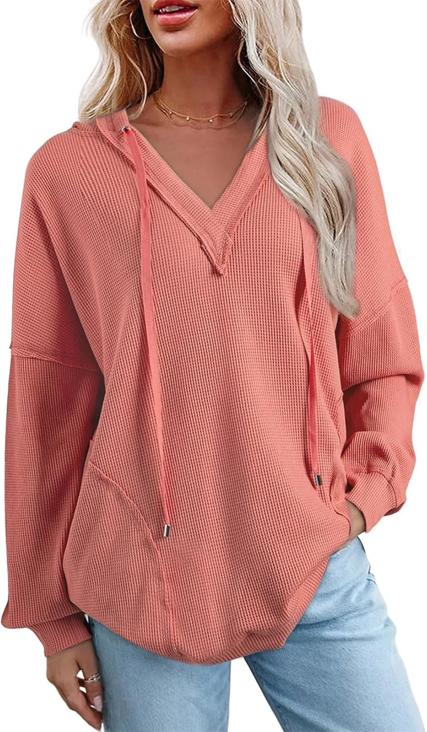 AlvaQ Women Hoodies Oversized Sweatshirts Casual Long Sleeve V Neck Drawstring Waffle Knit Tops Fashion Outfits
