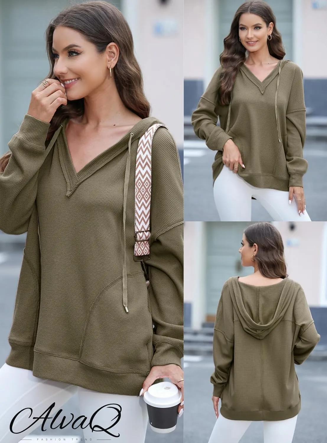 AlvaQ Women Hoodies Oversized Sweatshirts Casual Long Sleeve V Neck Drawstring Waffle Knit Tops Fashion Outfits