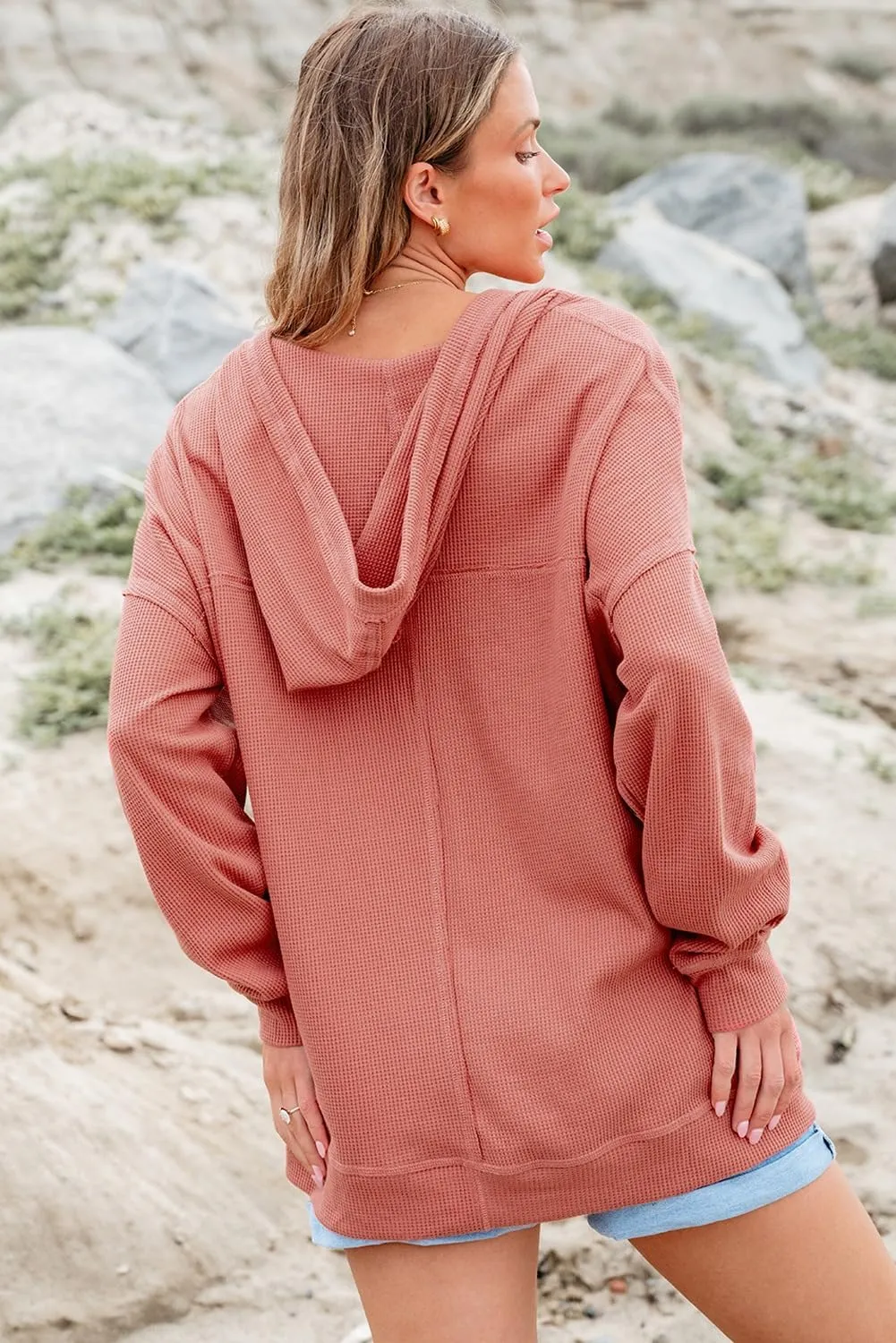 AlvaQ Women Hoodies Oversized Sweatshirts Casual Long Sleeve V Neck Drawstring Waffle Knit Tops Fashion Outfits