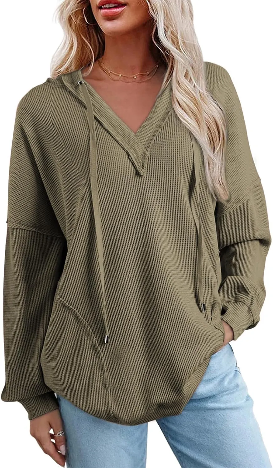 AlvaQ Women Hoodies Oversized Sweatshirts Casual Long Sleeve V Neck Drawstring Waffle Knit Tops Fashion Outfits