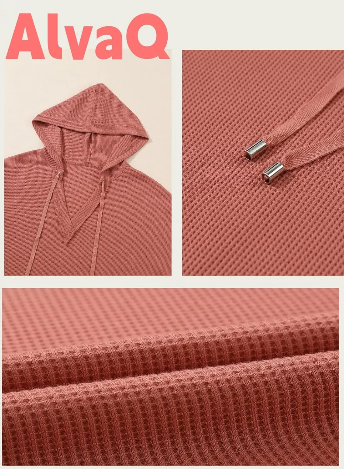 AlvaQ Women Hoodies Oversized Sweatshirts Casual Long Sleeve V Neck Drawstring Waffle Knit Tops Fashion Outfits