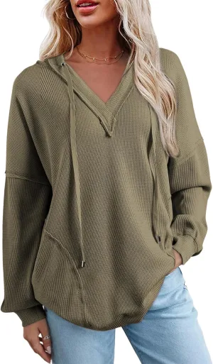 AlvaQ Women Hoodies Oversized Sweatshirts Casual Long Sleeve V Neck Drawstring Waffle Knit Tops Fashion Outfits