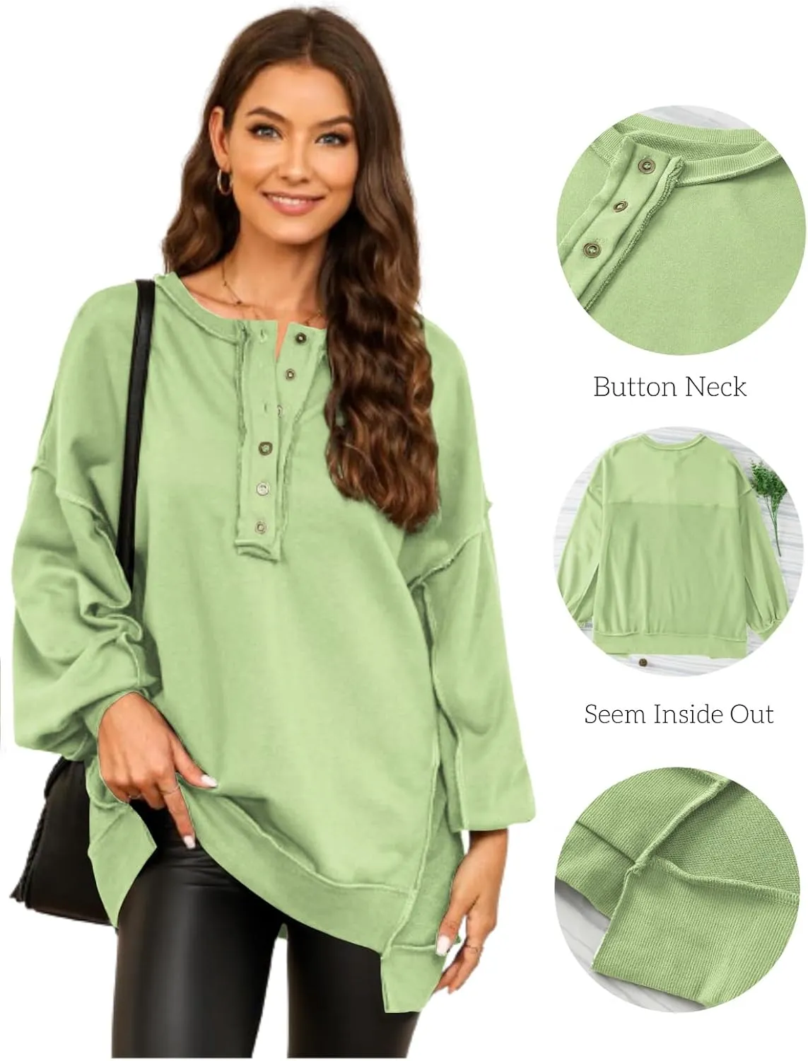 AlvaQ Women's Oversized Sweatshirt Casual Long Sleeve Button Henley Neck Pullover Tunic Tops Outfits