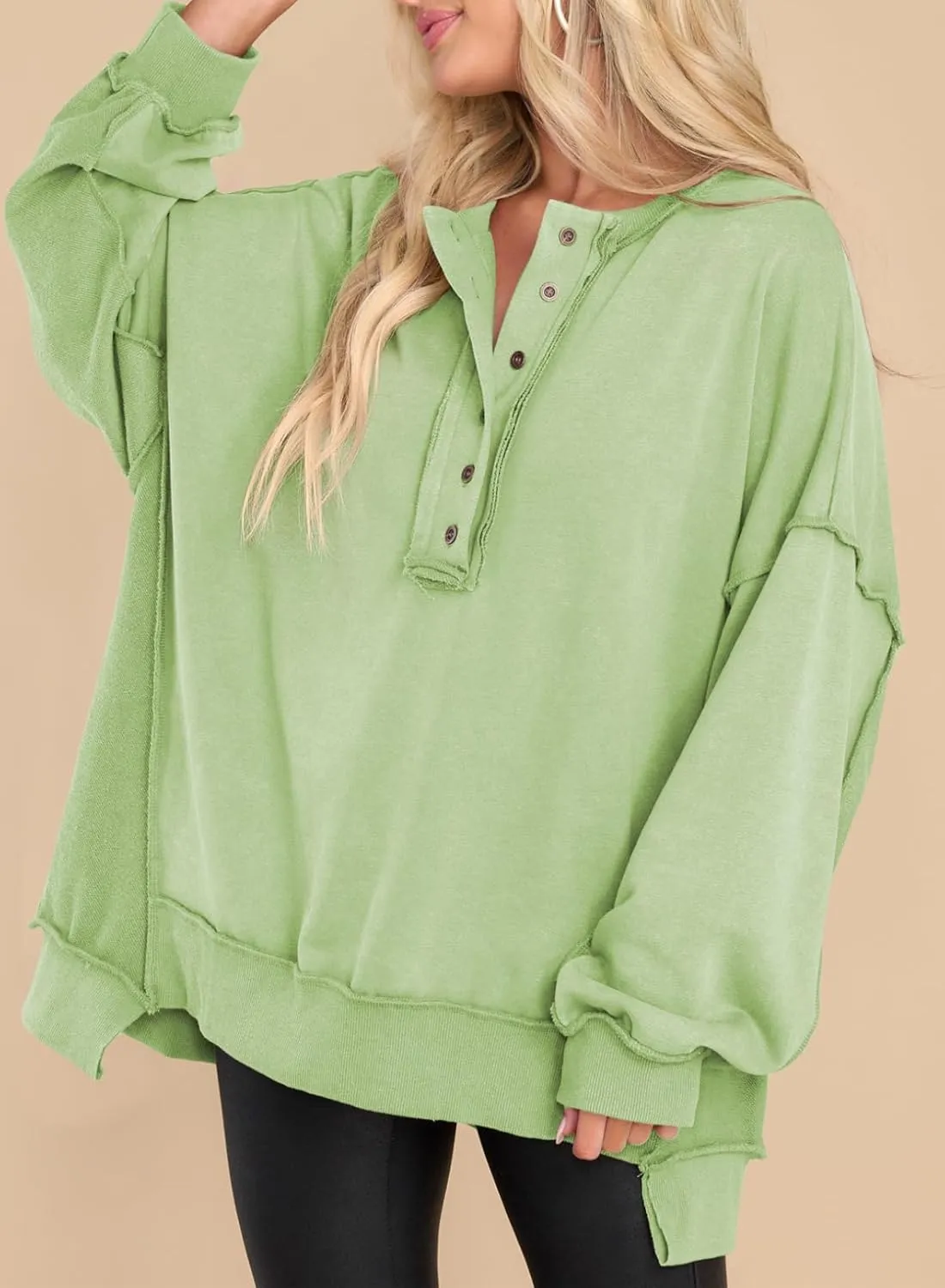 AlvaQ Women's Oversized Sweatshirt Casual Long Sleeve Button Henley Neck Pullover Tunic Tops Outfits