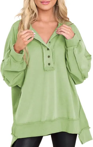 AlvaQ Women's Oversized Sweatshirt Casual Long Sleeve Button Henley Neck Pullover Tunic Tops Outfits