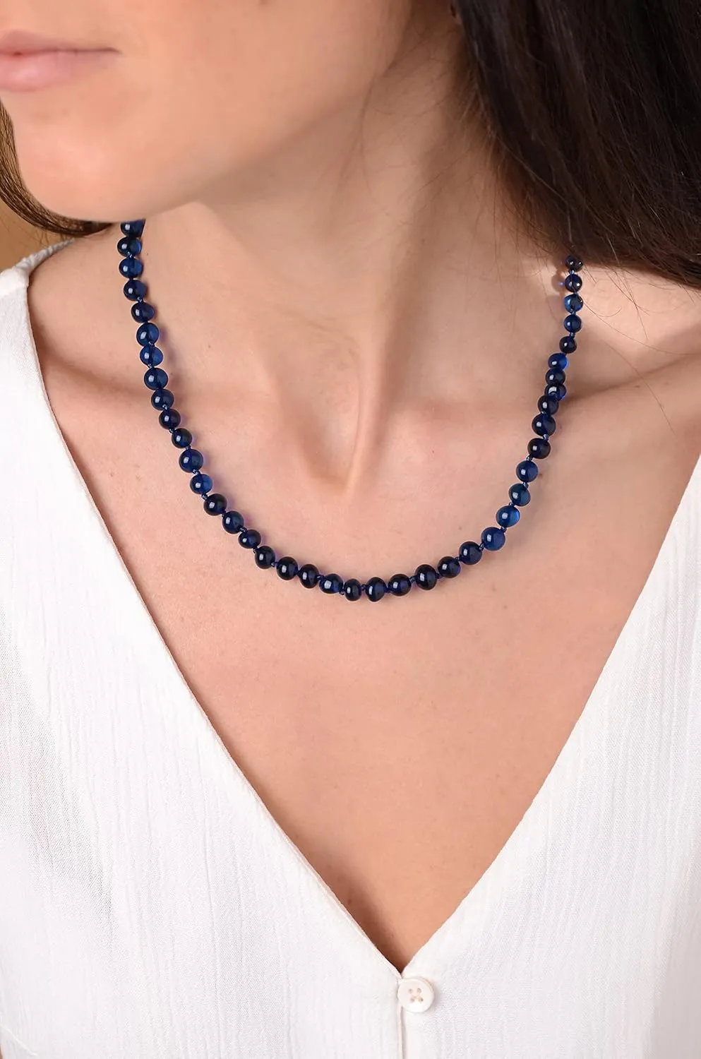 Amber Necklace for Women - HandMade Baltic Jewelry for Adult - 18 inch - 100% Genuine (Blue)