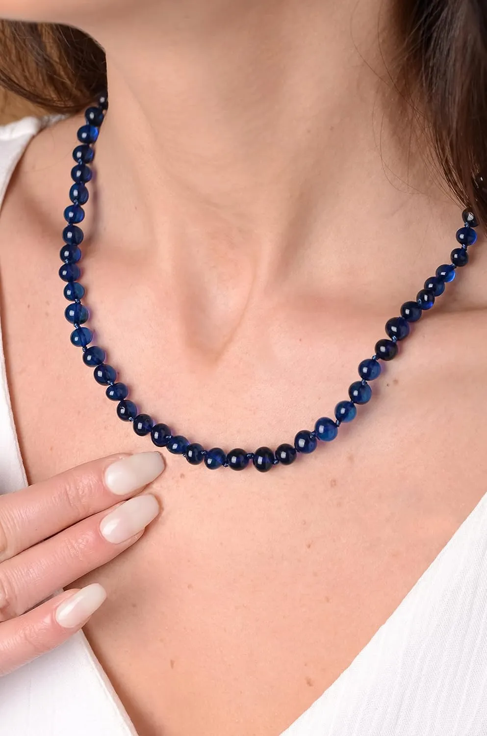 Amber Necklace for Women - HandMade Baltic Jewelry for Adult - 18 inch - 100% Genuine (Blue)