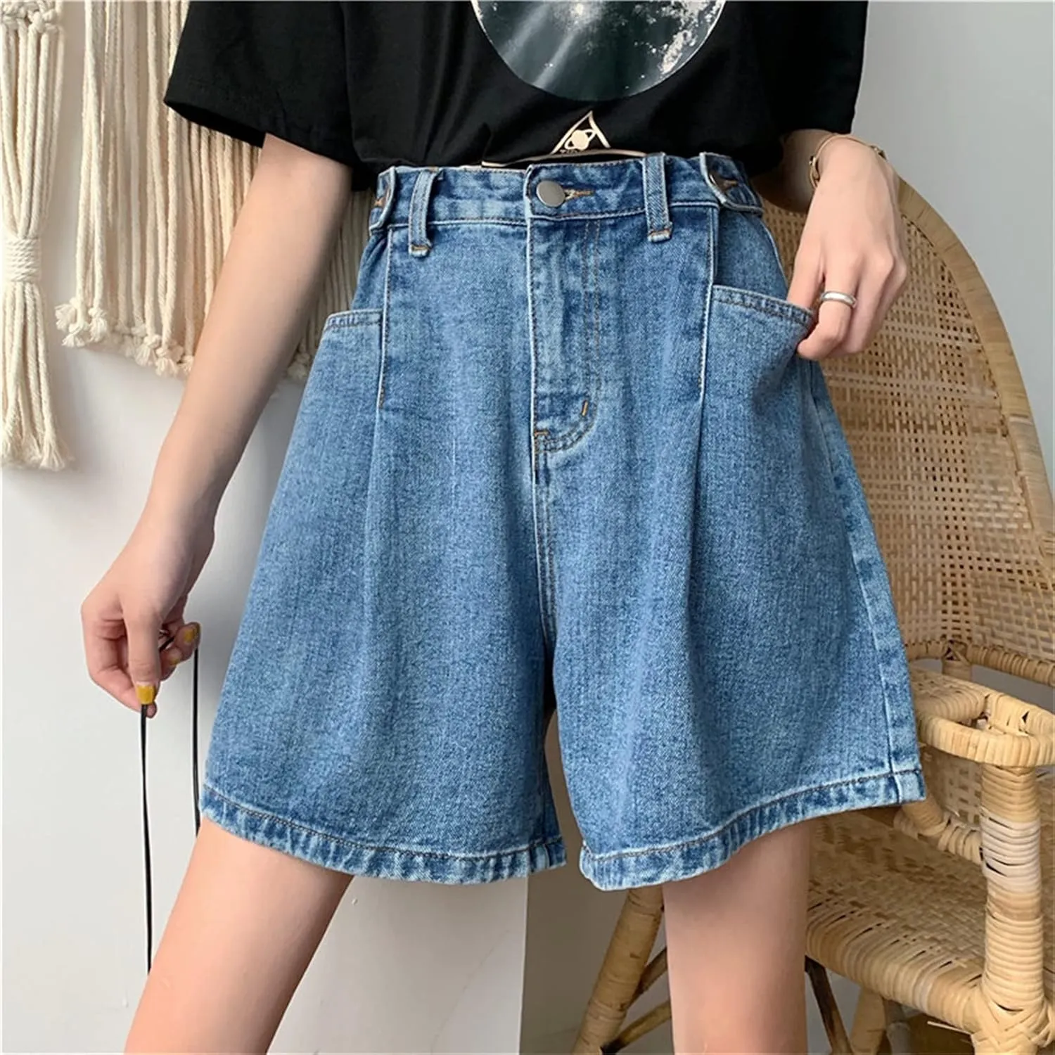 Andongnywell Women's High Waist Denim Shorts Hem Wide Leg Casual Jean Wide-Leg Short Trousers with Pockets