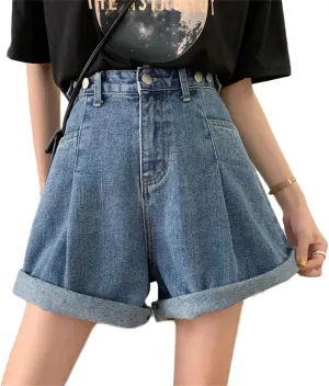 Andongnywell Women's High Waist Denim Shorts Hem Wide Leg Casual Jean Wide-Leg Short Trousers with Pockets