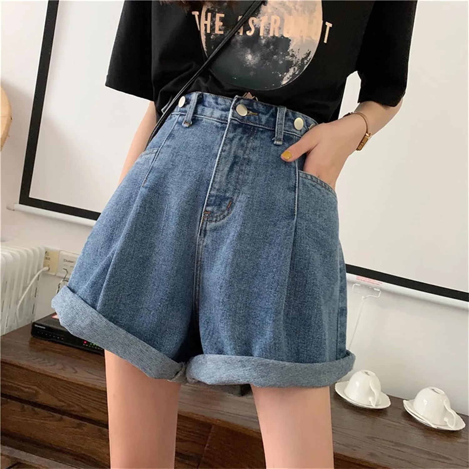 Andongnywell Women's High Waist Denim Shorts Hem Wide Leg Casual Jean Wide-Leg Short Trousers with Pockets