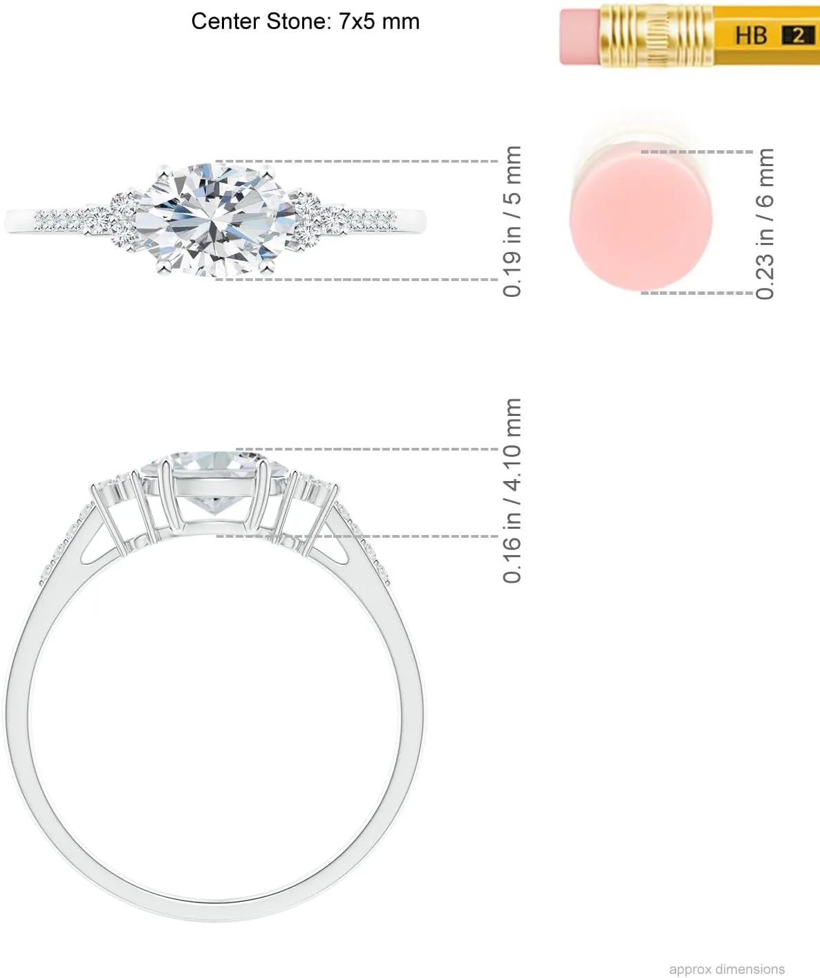 Angara Lab Grown Horizontally Set Oval Diamond Solitaire Ring with Trio Diamond in Silver / 14K Solid Gold/Platinum | April Birthstone, Birthday, Engagement, Anniversary Jewelry Gift for Women