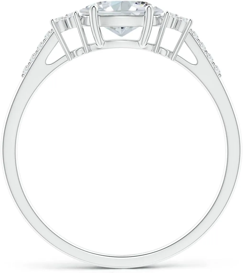 Angara Lab Grown Horizontally Set Oval Diamond Solitaire Ring with Trio Diamond in Silver / 14K Solid Gold/Platinum | April Birthstone, Birthday, Engagement, Anniversary Jewelry Gift for Women