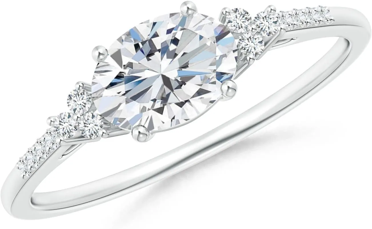 Angara Lab Grown Horizontally Set Oval Diamond Solitaire Ring with Trio Diamond in Silver / 14K Solid Gold/Platinum | April Birthstone, Birthday, Engagement, Anniversary Jewelry Gift for Women