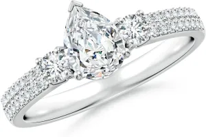 Angara Lab Grown Pear Diamond Side Stone Knife-Edge Shank Engagement Ring in Silver / 14K Solid Gold/Platinum | April Birthstone, Birthday, Anniversary, Wedding Jewelry Gift for Women
