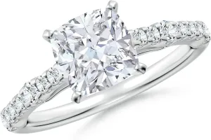Angara Lab Grown Solitaire Cushion Diamond Station Engagement Ring in Silver / 14K Solid Gold/Platinum | April Birthstone, Birthday, Anniversary, Wedding Jewelry Gift for Women