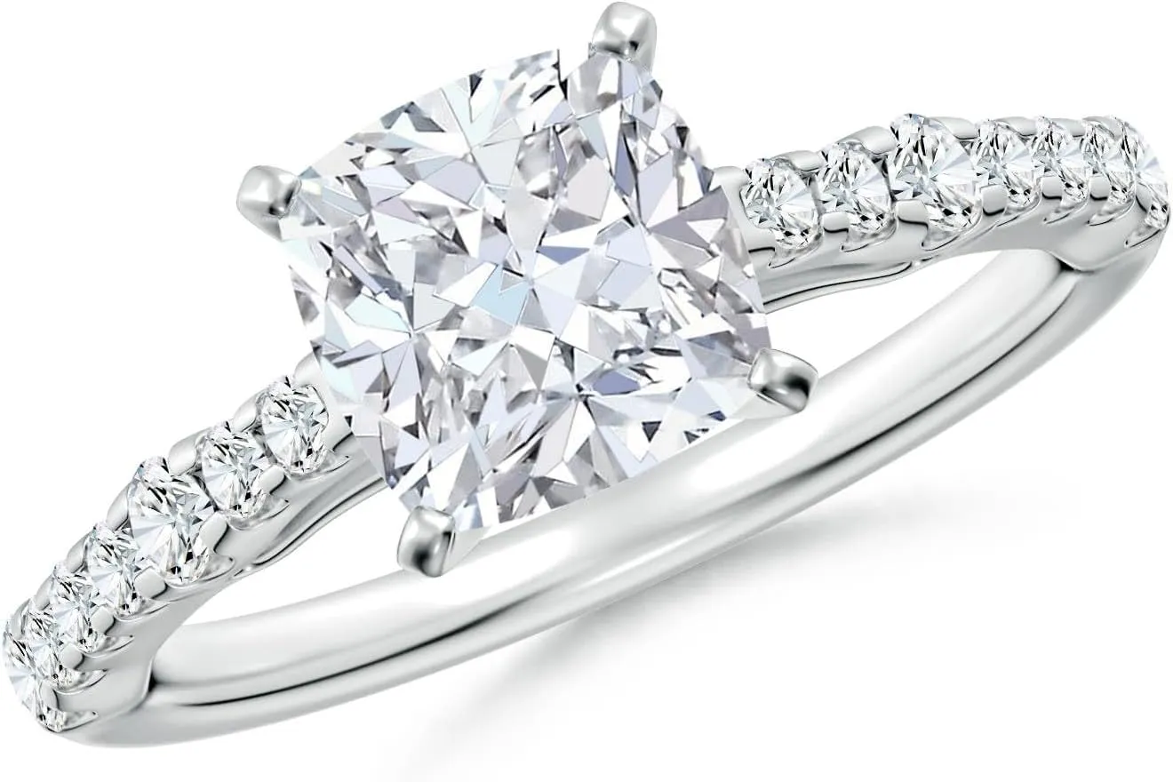 Angara Lab Grown Solitaire Cushion Diamond Station Engagement Ring in Silver / 14K Solid Gold/Platinum | April Birthstone, Birthday, Anniversary, Wedding Jewelry Gift for Women