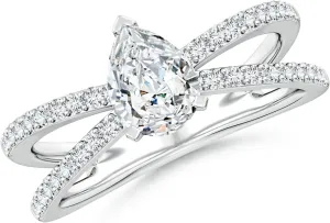 Angara Lab Grown Solitaire Pear Diamond Crossover Shank Engagement Ring in Silver / 14K Solid Gold/Platinum | April Birthstone, Birthday, Anniversary, Wedding Jewelry Gift for Women