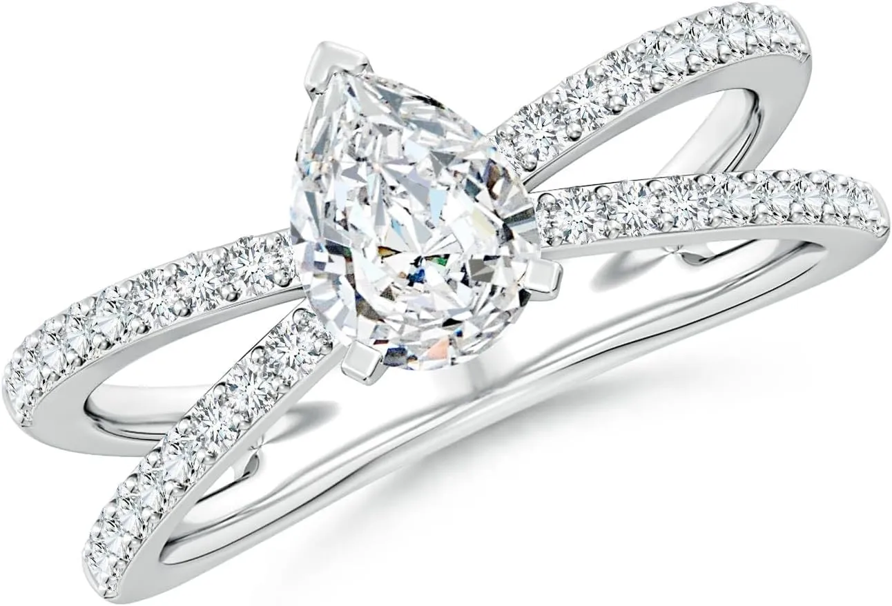 Angara Lab Grown Solitaire Pear Diamond Crossover Shank Engagement Ring in Silver / 14K Solid Gold/Platinum | April Birthstone, Birthday, Anniversary, Wedding Jewelry Gift for Women