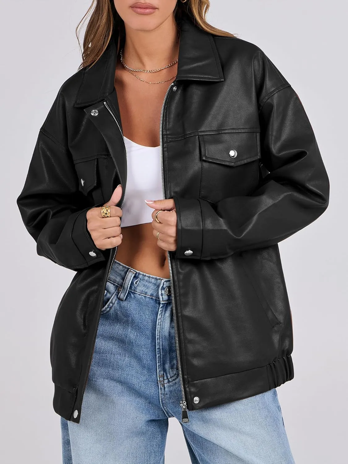 ANRABESS Women Oversized Faux Leather Jackets Fall Fashion Zip Up Motorcycle Coats Winter 2025 Spring Outfits Clothes