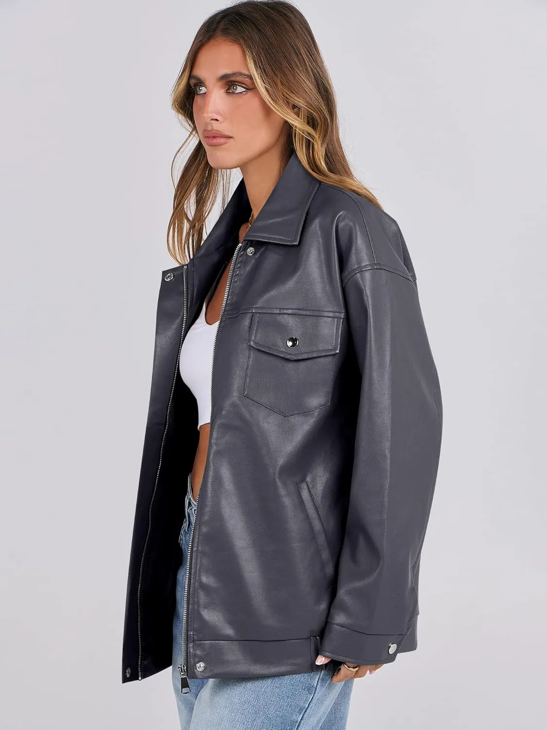 ANRABESS Women Oversized Faux Leather Jackets Fall Fashion Zip Up Motorcycle Coats Winter 2025 Spring Outfits Clothes