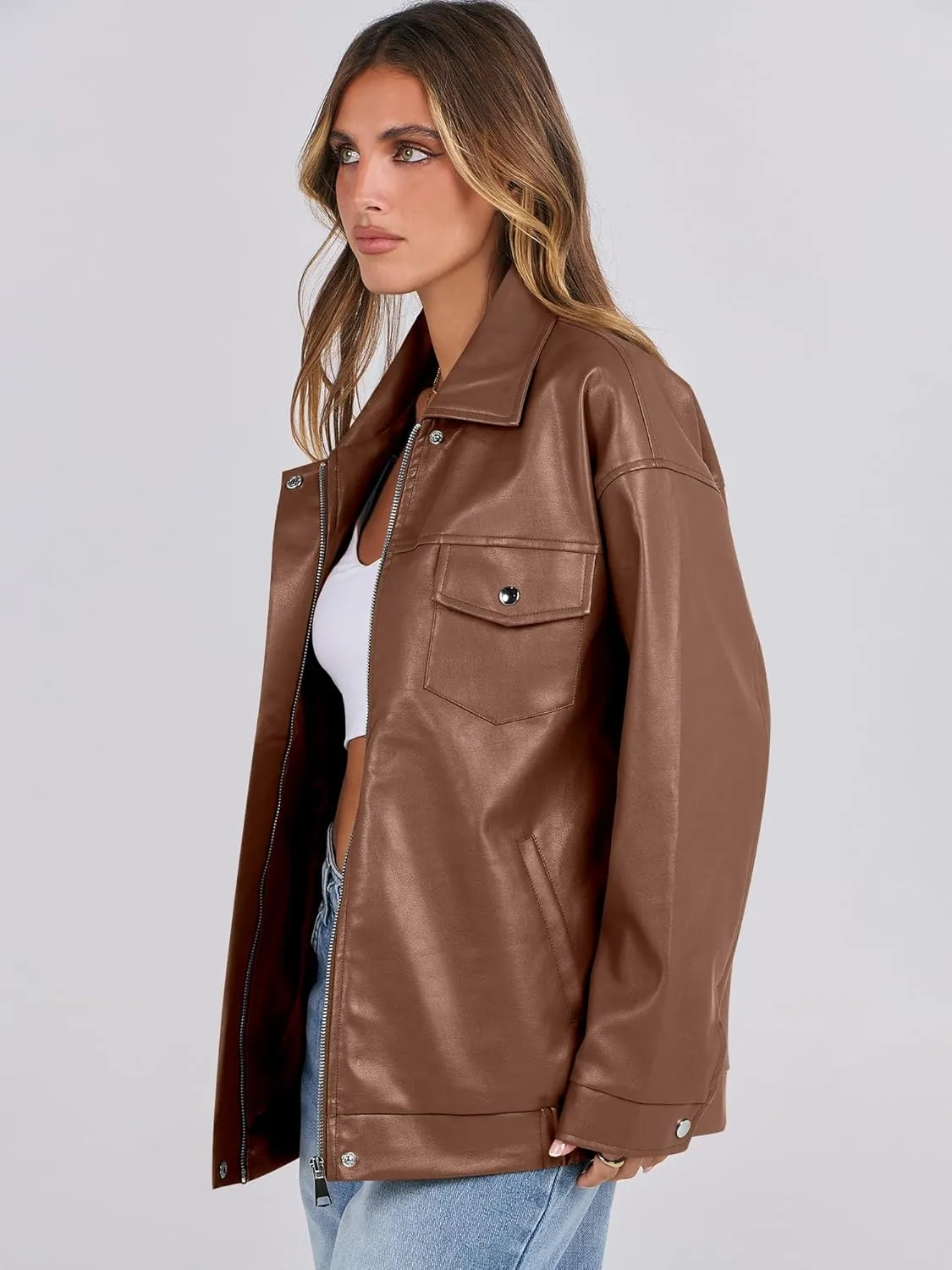 ANRABESS Women Oversized Faux Leather Jackets Fall Fashion Zip Up Motorcycle Coats Winter 2025 Spring Outfits Clothes